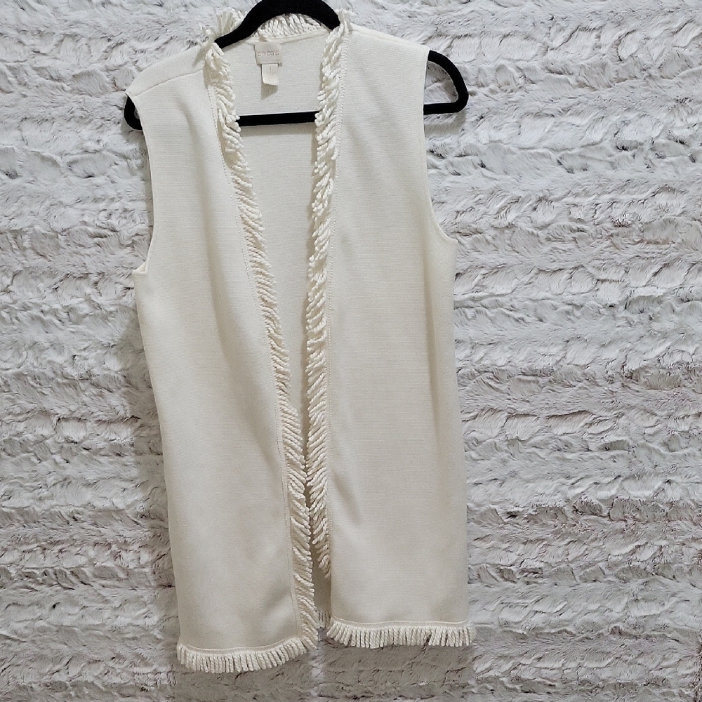 Chico's Open Front  Cardigan Vest Womens Sz 1 (Med) Boho, Yarn Fringe, Classic